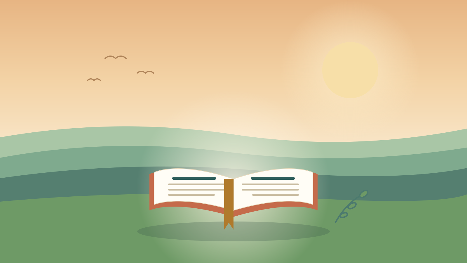 An open Scripture book resting in a calm sunrise landscape