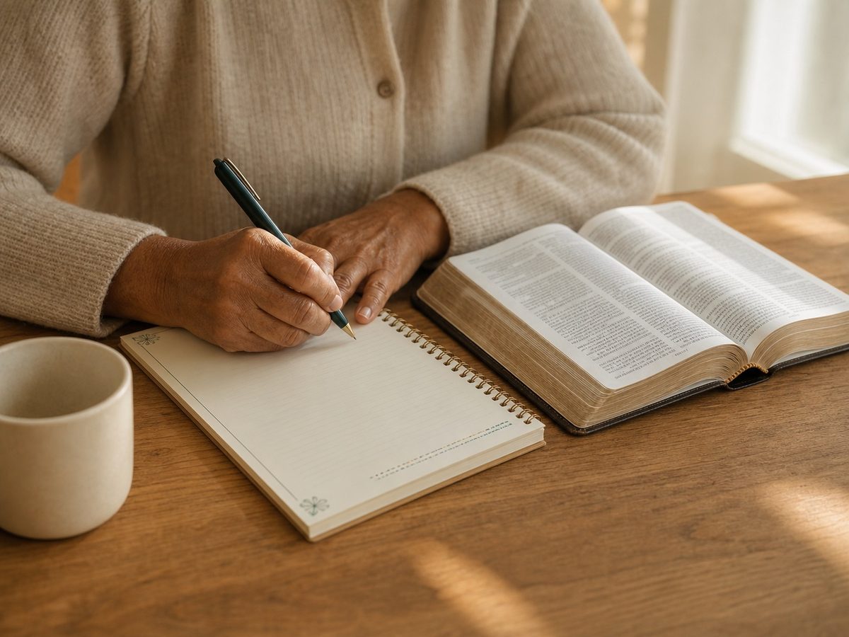Hands writing in a journal next to an open Bible and a cup of coffee
