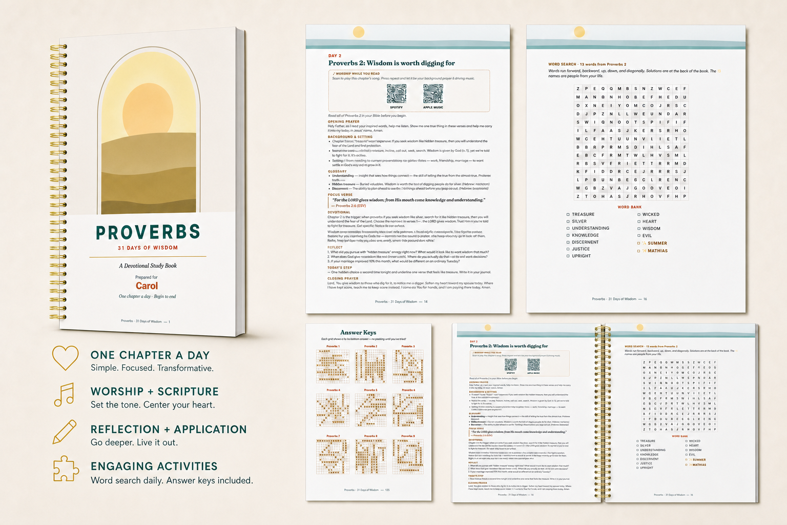 Simply For Me Bible Proverbs study: gold spiral-bound book, daily pages, word searches, and answer keys