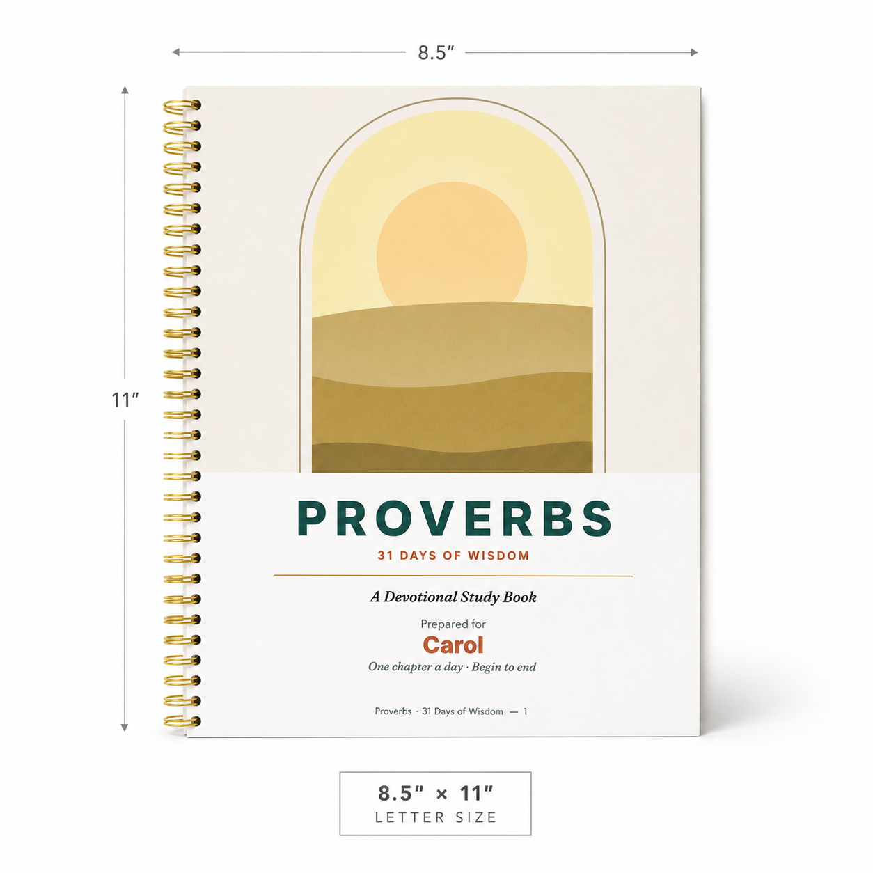Spiral-bound Proverbs book with gold spiral binding, 8.5 by 11 inches letter size