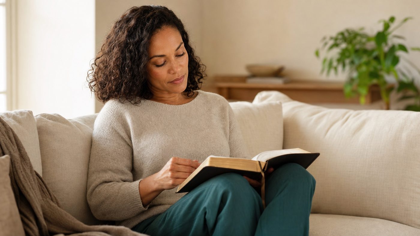 A woman reading her Bible quietly on a sofa in soft morning light